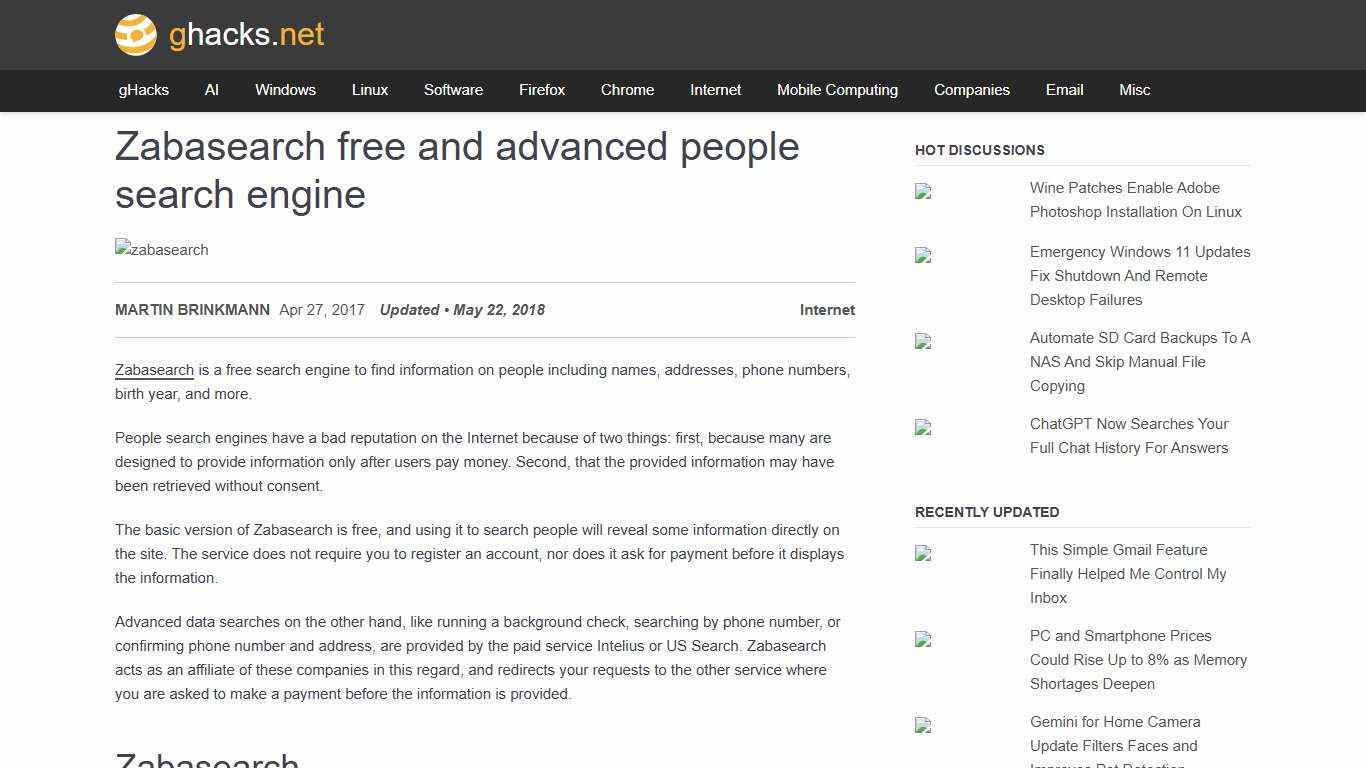 Zabasearch free and advanced people search engine - gHacks Tech News